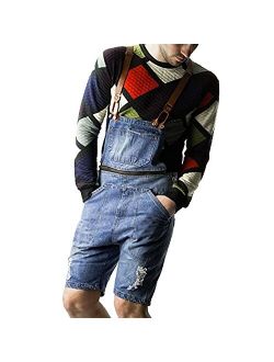 Men's Bib Overalls Denim Shorts Ripped Distressed Dungaree Rompers for Men Summer Casual Loose Fit Denims Jumpsuit (Small,Blue)