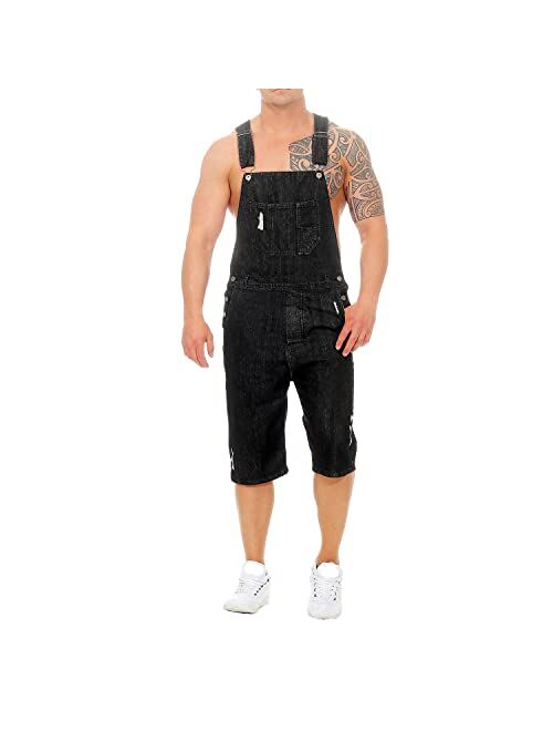 Buy Men's Bib Overalls Denim Shorts Retro Below the Knee Ripped Jeans