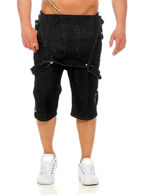 Men's Bib Overalls Denim Shorts Retro Below the Knee Ripped Jeans Romper One Piece Casual Loose Fit Walkshort Jumpsuit (Small,Black)