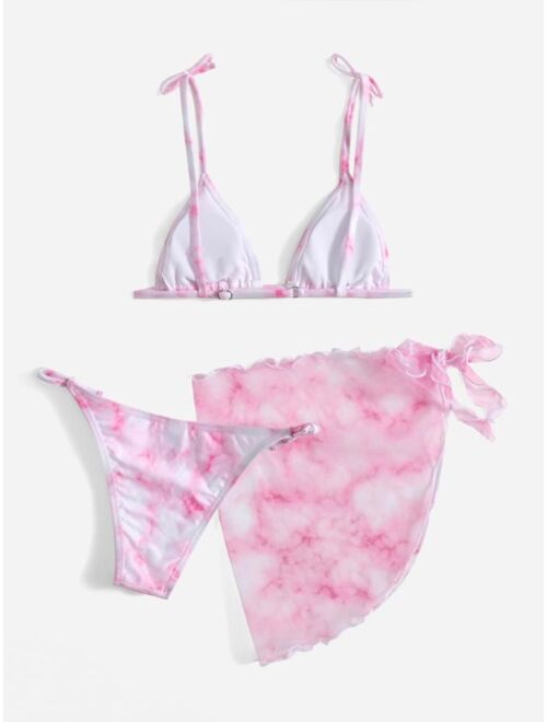 Shein 3pack Girls Tie Dye Bikini Swimsuit With Mesh Cover Up