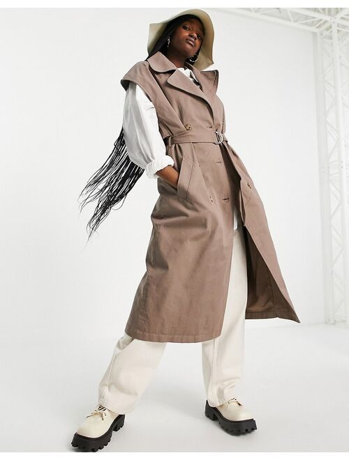 Object organic cotton sleeveless trench coat in brown