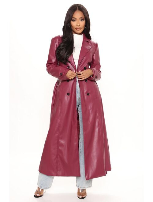 Get A Clue Faux Leather Trench Coat - Burgundy