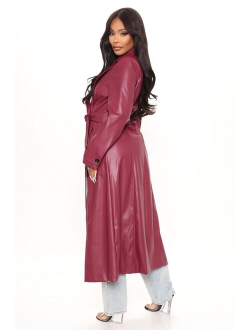 Get A Clue Faux Leather Trench Coat - Burgundy