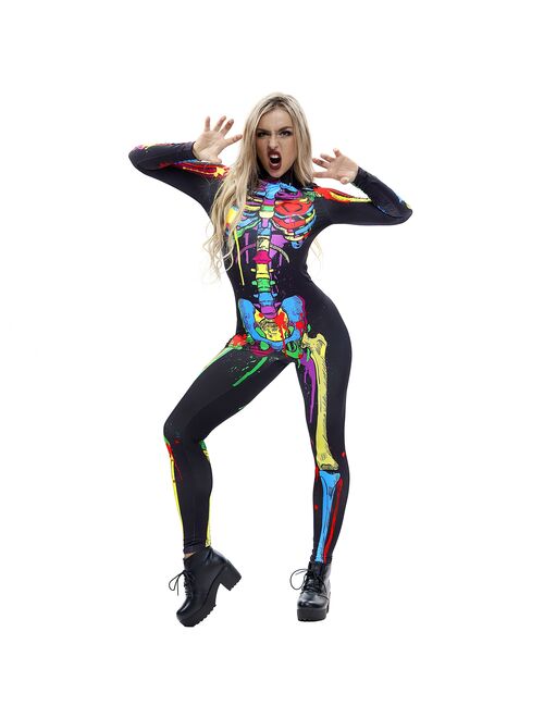 Kids Adult Skeleton Print Halloween Cosplay For Women Ghost Jumpsuit Party Performance Scary Costume Bodysuit Parent-Child Suit