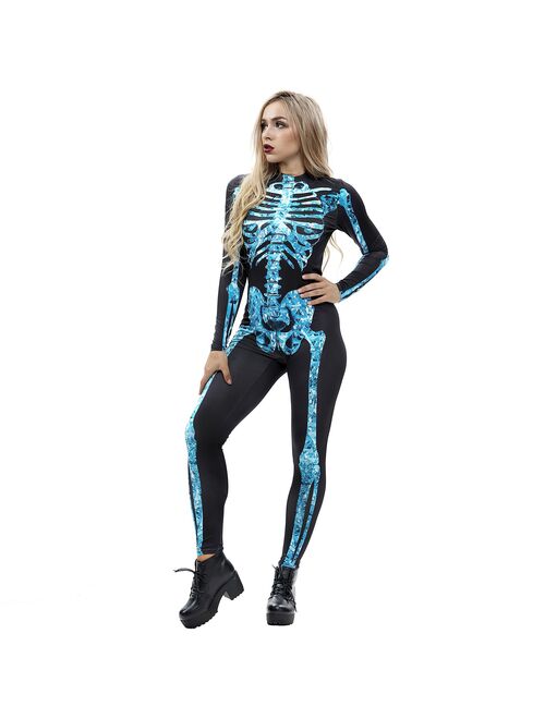 Kids Adult Skeleton Print Halloween Cosplay For Women Ghost Jumpsuit Party Performance Scary Costume Bodysuit Parent-Child Suit