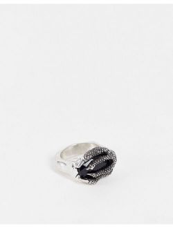 Halloween ring with textured claw and black stone in burnished silver tone