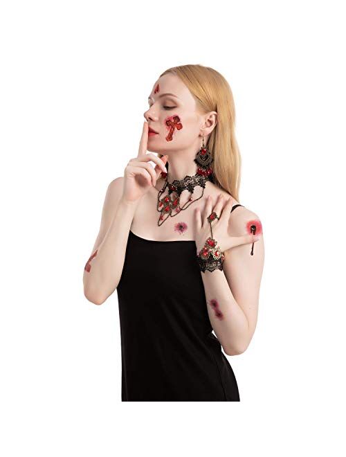 JOYIN 8 Pcs Gothic Vampire Costume Accessories Set with Vampire Fangs Teeth (Adhesive Included), Earrings, Gothic Necklace Choker, Bracelets and Tattoo Scar for Zombie Va