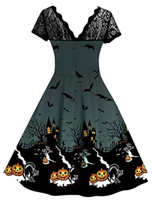 Spadehill Womens Halloween Lace Sleeve Swing Dress