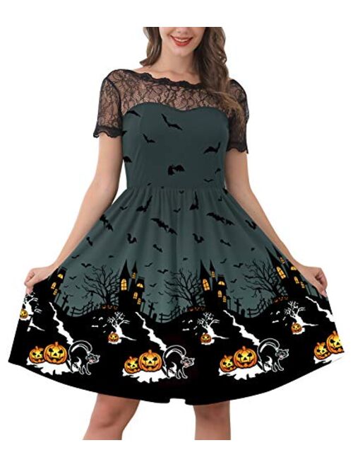 Spadehill Womens Halloween Lace Sleeve Swing Dress