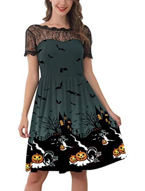 Spadehill Womens Halloween Lace Sleeve Swing Dress
