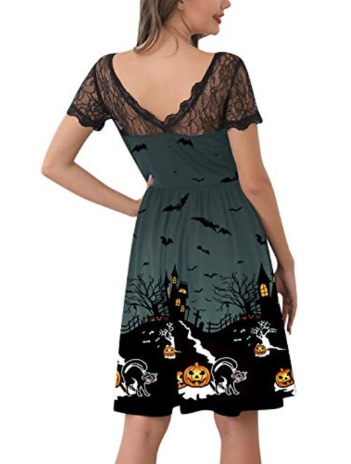 Spadehill Womens Halloween Lace Sleeve Swing Dress