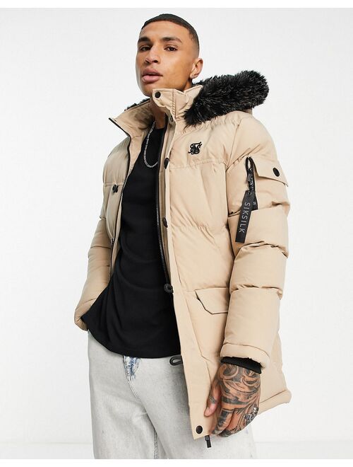 SikSilk puff padded parka with fur hood in beige