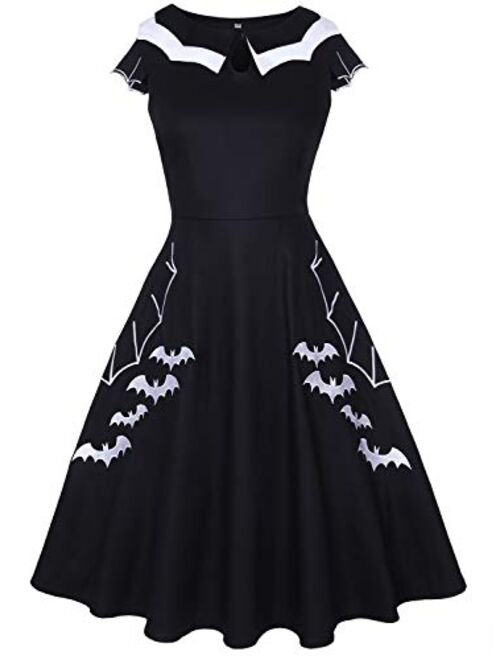 MISSJOY Women's Vintage Embroidery Bat Print Dresses 50s Swing Casual Cocktail Party Gothic Dress