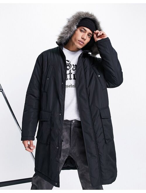 Asos Design parka jacket in black with faux-fur trim hood