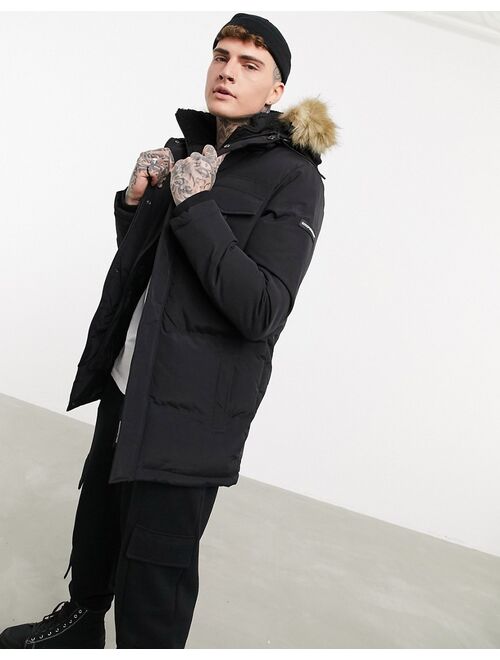 Good For Nothing double layer parka with faux-fur hood in black