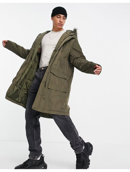 Asos Design parka jacket in green with faux-fur trim hood