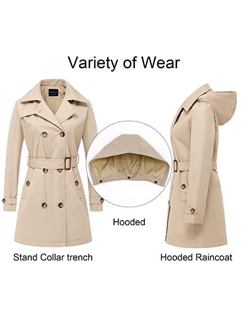 CREATMO US Women's Trench Coat Double-Breasted Classic Lapel Overcoat Belted Slim Outerwear Coat with Detachable Hood