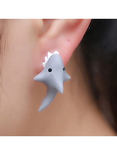 Tiande 4 Pair Handmade Polymer Clay Cute Dinosaur Hippo Shark Crocodile Earrings For Women Girls Kids,3D Animal Bite Stud Earrings 