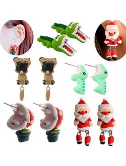 5 Pairs Biting Ear Earrings Polymer Clay Studs,Handcraft Cute 3D Crocodiles Dinosaur Pig Shapi Dog Insects Santa Claus Animal Flower Earrings-Chomper earrings,Piranha Ear