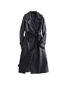 Long Black Leather Trench Coat For Women Long Sleeve Belt Lapel Luxury Outerwear
