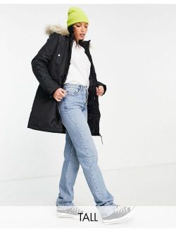 Tall parka with faux fur lined hood in black