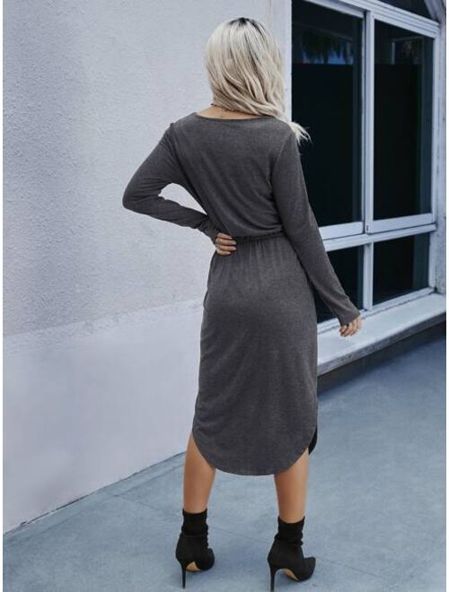 Shein Solid Drawstring Detail Split Hem Dress