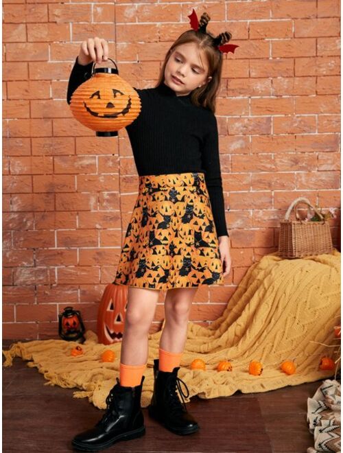 Shein Girls Pumpkin & Cat Print Halloween Costume Skirt