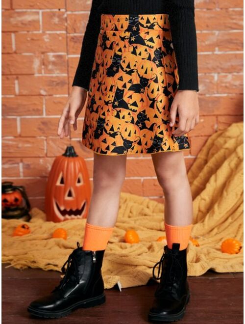 Shein Girls Pumpkin & Cat Print Halloween Costume Skirt