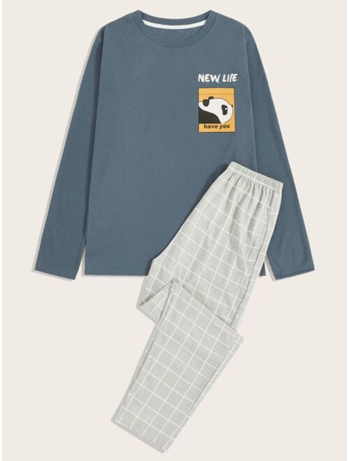 Shein Men Cartoon Graphic Tee & Plaid Pants PJ Set