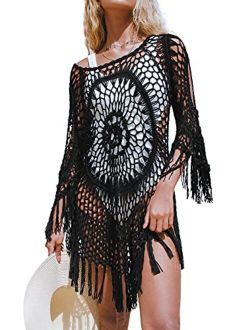 Women's Cover Up White Crochet Hollow Out Tassel Swimsuit Three Quarter Sleeve