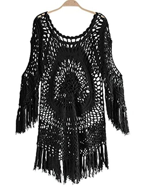 CUPSHE Women's Cover Up White Crochet Hollow Out Tassel Swimsuit Three Quarter Sleeve