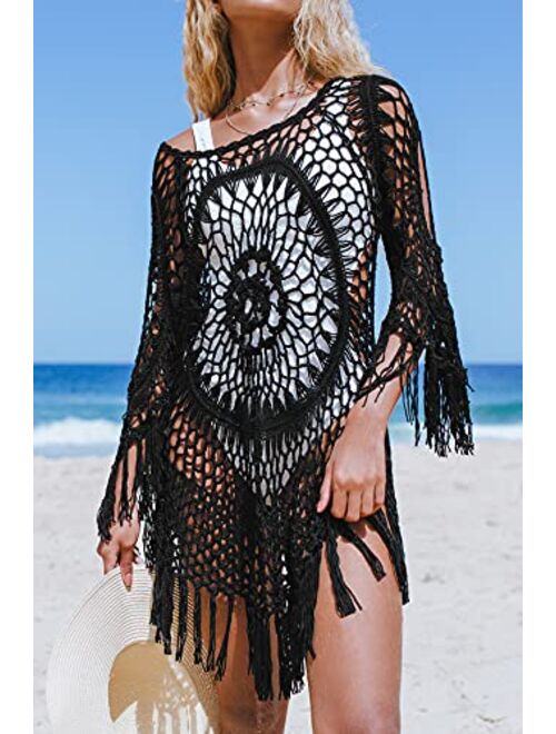 CUPSHE Women's Cover Up White Crochet Hollow Out Tassel Swimsuit Three Quarter Sleeve