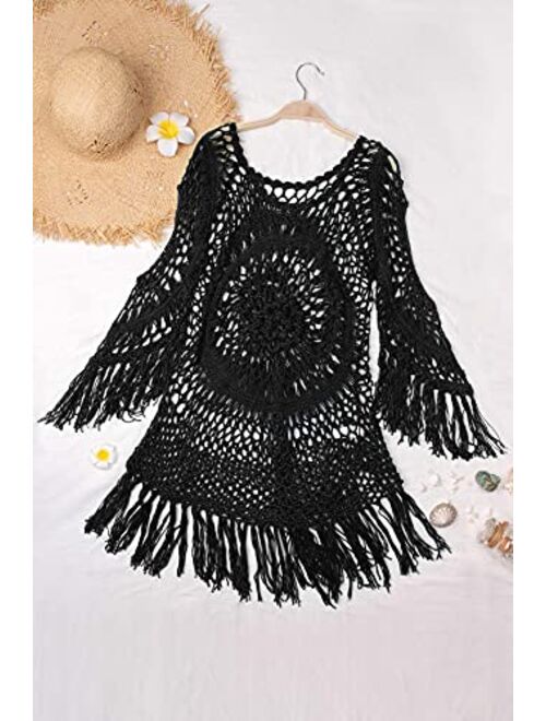 CUPSHE Women's Cover Up White Crochet Hollow Out Tassel Swimsuit Three Quarter Sleeve