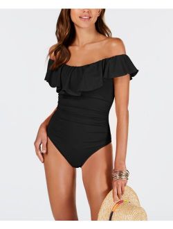 Island Goddess Off-The-Shoulder Ruffled Tummy-Control One-Piece Swimsuit