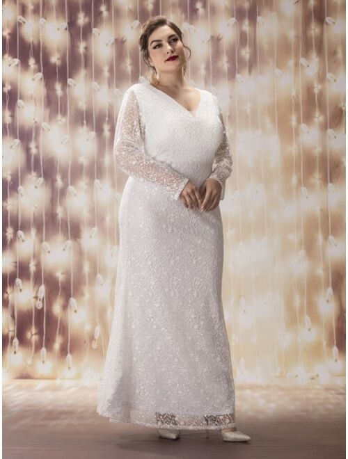 Shein Plus Floral Embroidery Maxi Lace Wedding Dress