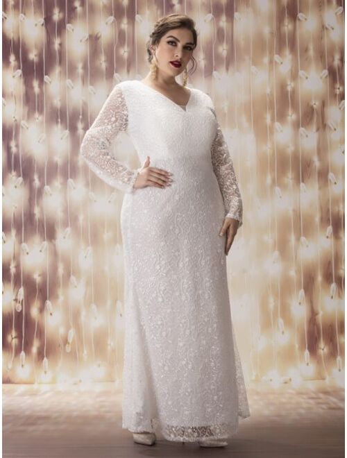 Shein Plus Floral Embroidery Maxi Lace Wedding Dress