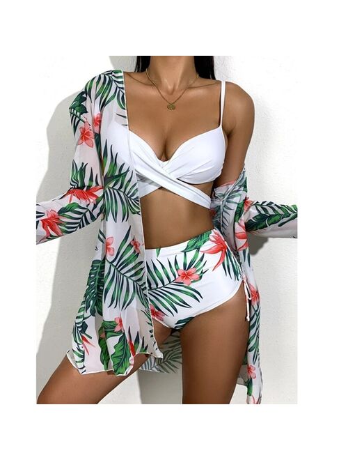 3 Pcs Summer Floral Print Bikini Bohemia Swimwear Set High Waist Push-Up Bathing Suit Beachwear Women Brazilian Swimsuit Biquini