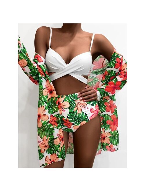 3 Pcs Summer Floral Print Bikini Bohemia Swimwear Set High Waist Push-Up Bathing Suit Beachwear Women Brazilian Swimsuit Biquini