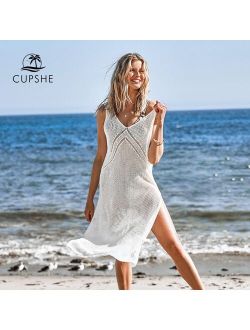 Ivory V-neck Hollow out Cover Up Woman Swimsuit Sexy Side Split Sleeveless Beach Midi Dress 2021 Summer Dress Beachwear