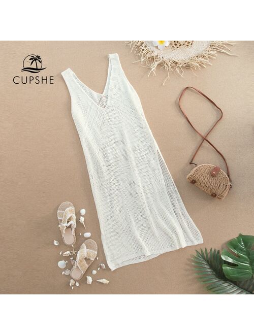 CUPSHE Ivory V-neck Hollow out Cover Up Woman Swimsuit Sexy Side Split Sleeveless Beach Midi Dress 2021 Summer Dress Beachwear