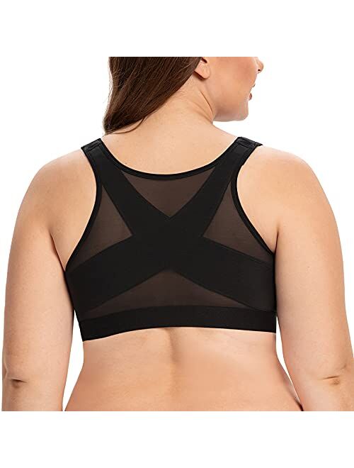 CASOLACE Women's Front Closure Full Coverage Back Support Wireless Posture Corrector Bra