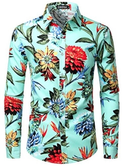 Men's Floral Slim Fit Long Sleeve Cotton Casual Button Down Dress Shirt