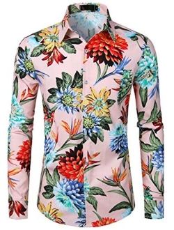 Men's Floral Slim Fit Long Sleeve Cotton Casual Button Down Dress Shirt