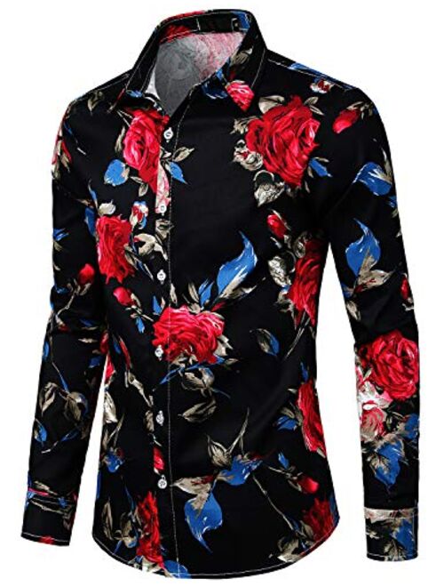 ZEROYAA Men's Floral Slim Fit Long Sleeve Cotton Casual Button Down Dress Shirt
