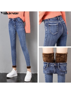 streetwear Women's pencil pants skinny jeans women jean femme mom denim jeans woman high waist 2021 winter thick warm trousers