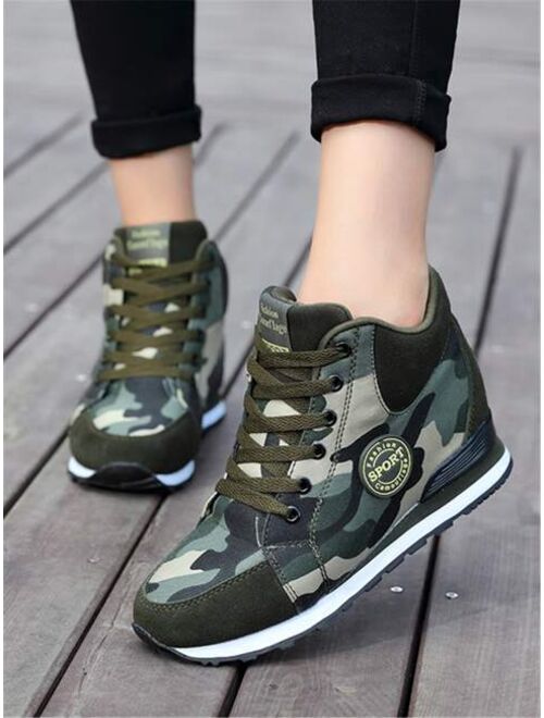 Shein Letter Patch Camo Graphic Lace-up Front Wedge Sneakers