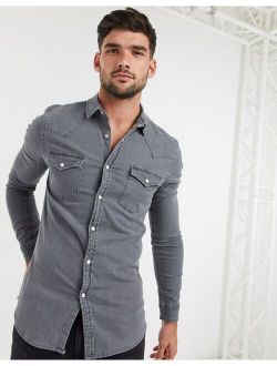 skinny fit western denim shirt in gray