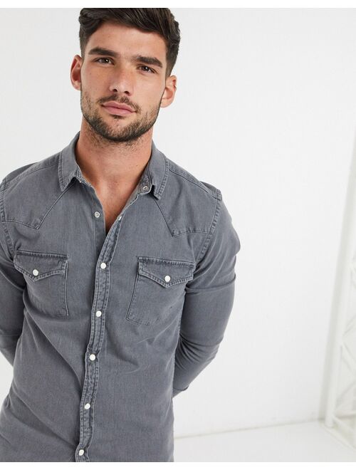 Asos Design skinny fit western denim shirt in gray