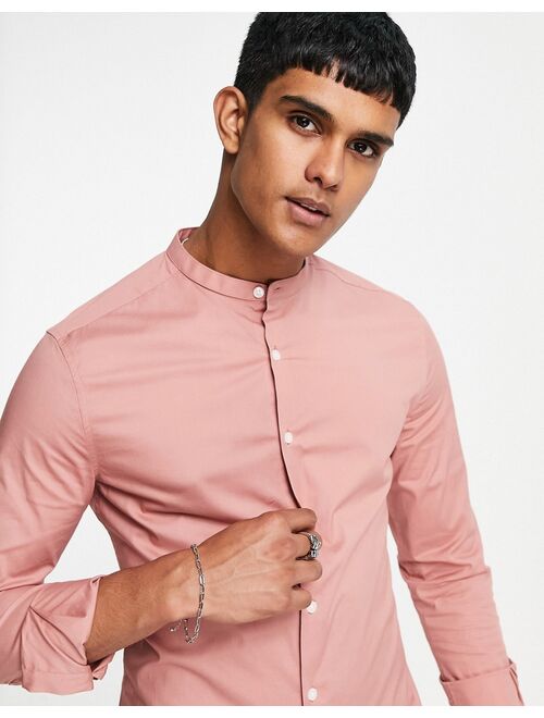 Asos Design skinny fit shirt with grandad collar in pink