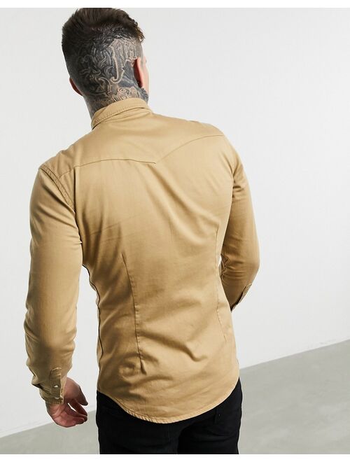 Asos Design skinny fit western organic denim shirt in stone